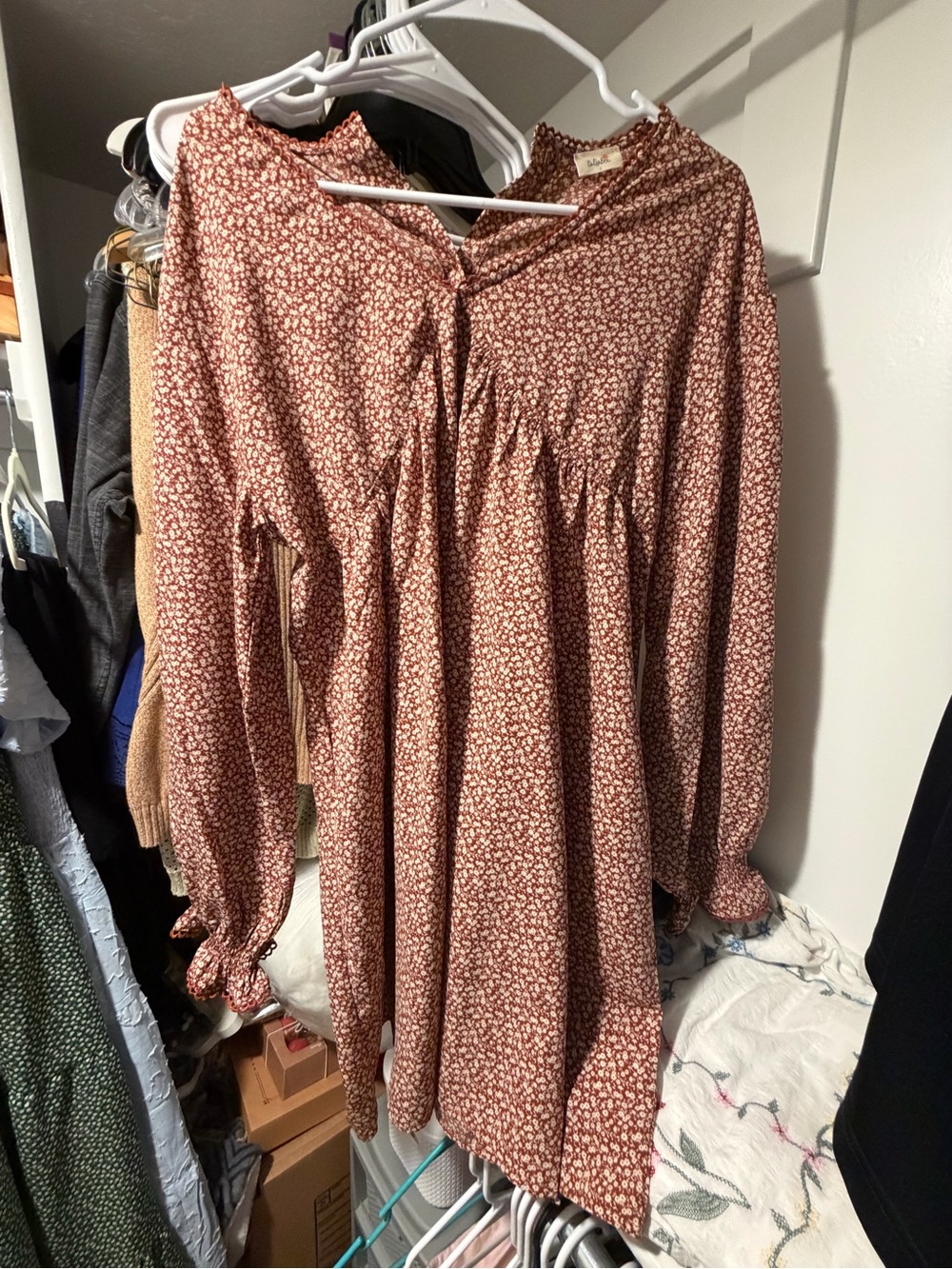 Floral Long-Sleeve Midi Dress in Rust Pink